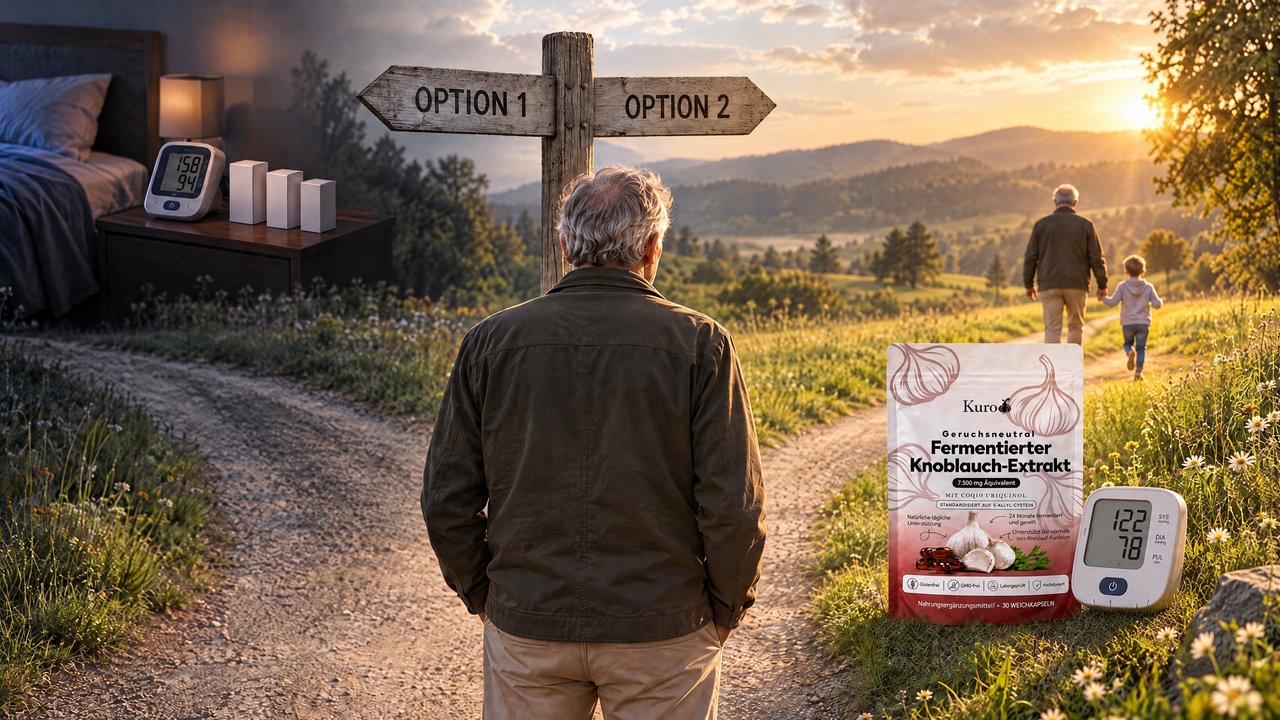 Ein Mann an einer Weggabelung: links Messgerät und Tabletten, rechts Kuro und ein Spaziergang mit dem Enkelkind